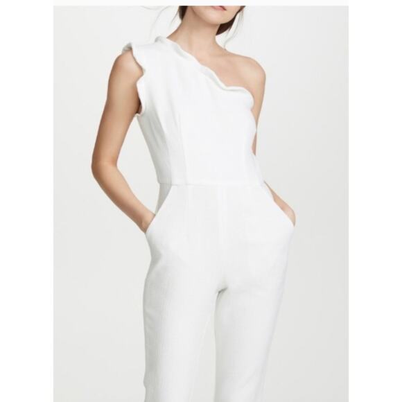 Black Halo Jumpsuit Womens 4 White Pravella One Shoulder Textured Flare Slit Leg - Picture 6 of 12